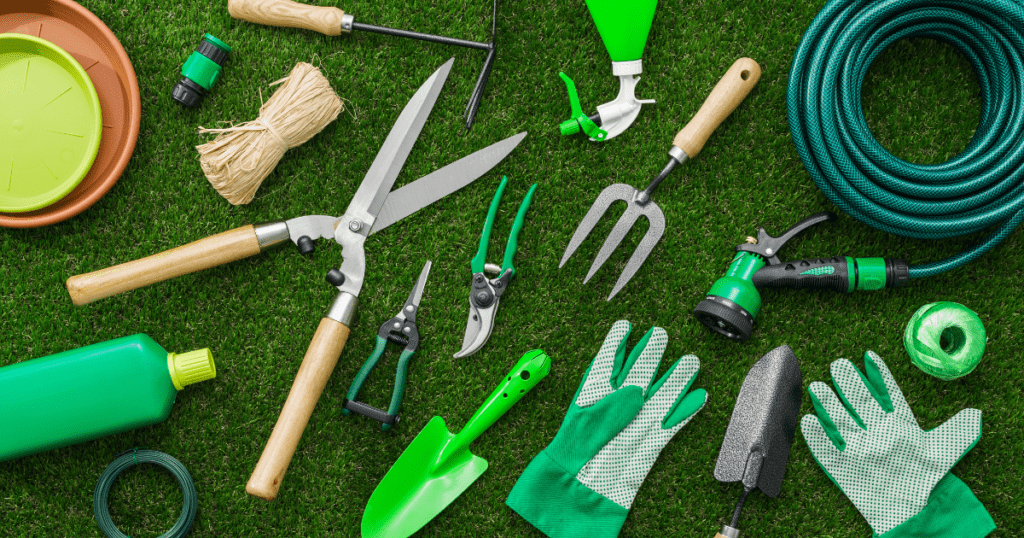 various gardening equipment and tools