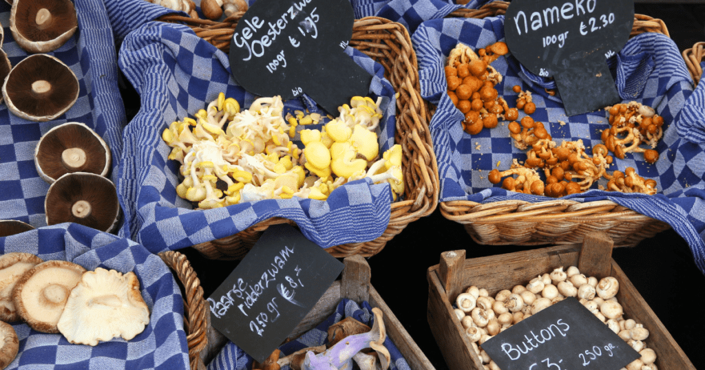 Mushrooms being sold at a market
