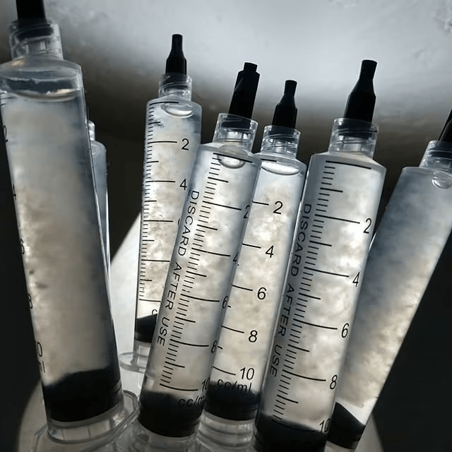 mushroom spore syringes pointing upward